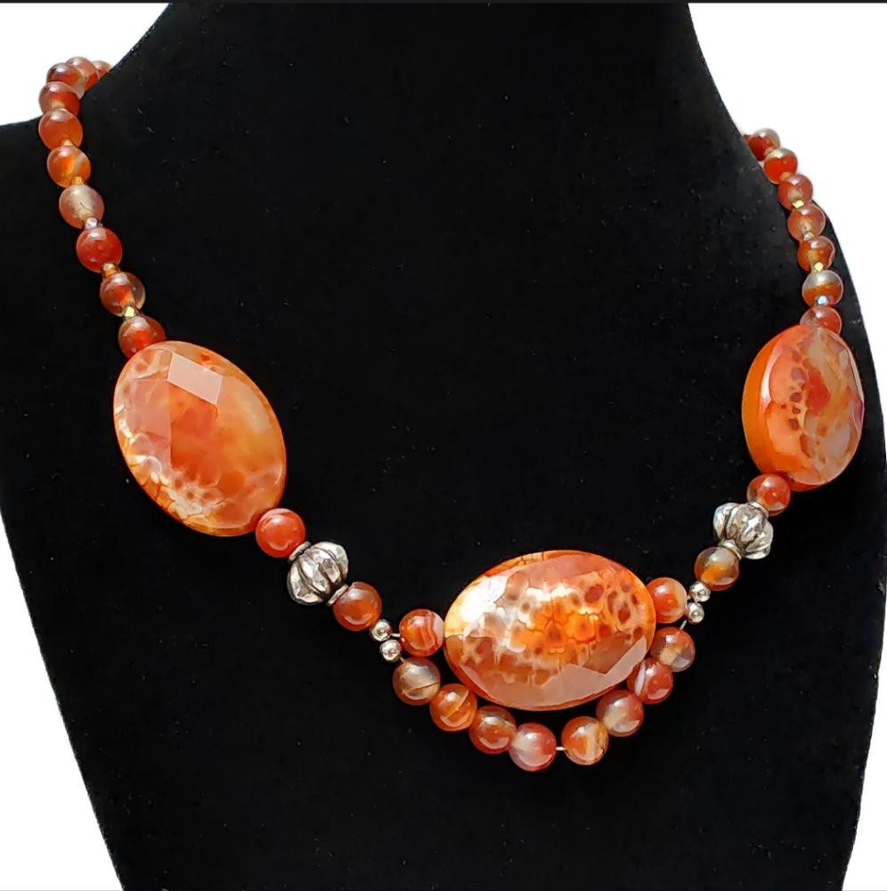 Vintage Sterling Silver Faceted Red Fire Agate Statement Necklace 19"